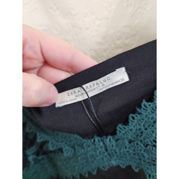 New Zara TRF Womens M Black Green Lace Faux Leather Slip Mini Dress - Picture 5 of 7